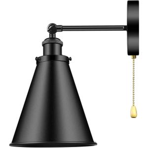 Industrial Farmhouse Wall Sconce with Pull Chain Switch, Metal Wall Sconce Light Fixture for Kitchen Sink Hallway Bedroom (Black)