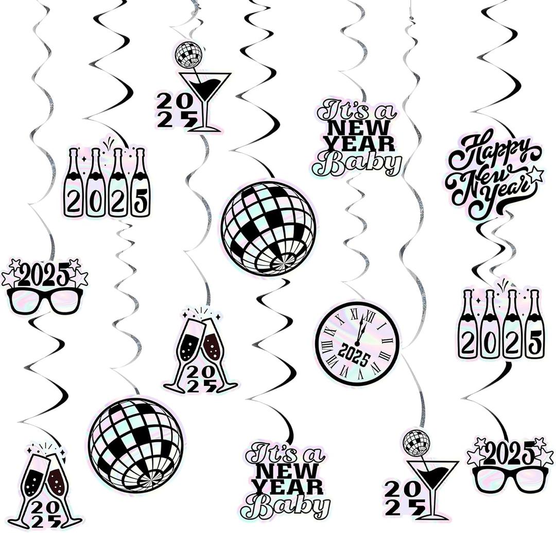 Poen 32 Sets 2025 New Years Eve Party Decorations Disco Happy New Year Party Supplies Hanging Swirl Iridescent holiday Eve Decorations for 2025 Disco
