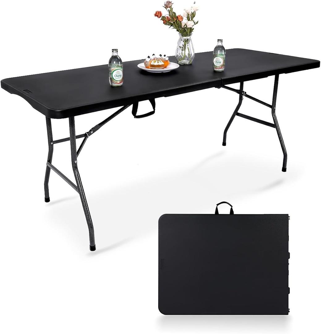pollilar Folding Table 6FT HDPE 6 Foot Foldable Table Portable Banquet Surface Fold-in-Half Desk Utility for Working Meeting Parties, Picnic, Camping, Weddings, Catering, Garden Dining-Black