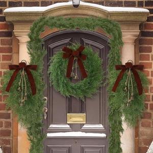 Daifunli 4 Pcs Artificial Christmas Wreath Garland Set Include 20 Xmas Cedar Pine Wreath with Brown Bow 2 Christmas Teardrop Swag 9ft Garland for Xmas Celebration Front Door