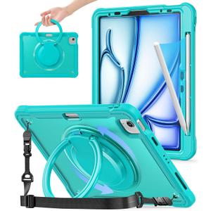 BATYUE Case for iPad Air 11 Inch M3/ M2 (2025/ 2024), Air 5th/ 4th 10.9 Inch (2022/ 2020), Pro 11" 4th/ 3rd/ 2nd/ 1st, Shockproof Cover with 360 Rotating Stand, Pencil Holder, Shoulder Strap, Light Blue