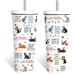 Cat Gifts for Women, 24 oz Insulated Tumbler with Lid and Straw, Stainless Steel Water Bottle, Coffee Cups Travel Mug for Her Cat Lovers(1PCS)