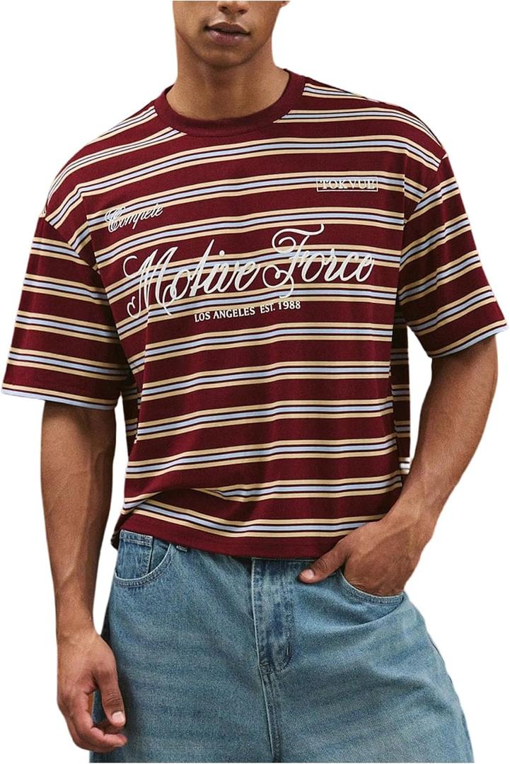 SweatyRocks Men's Striped Letter Graphic Tees Short Sleeve Crew Neck Loose Summer Cropped T Shirt (M)
