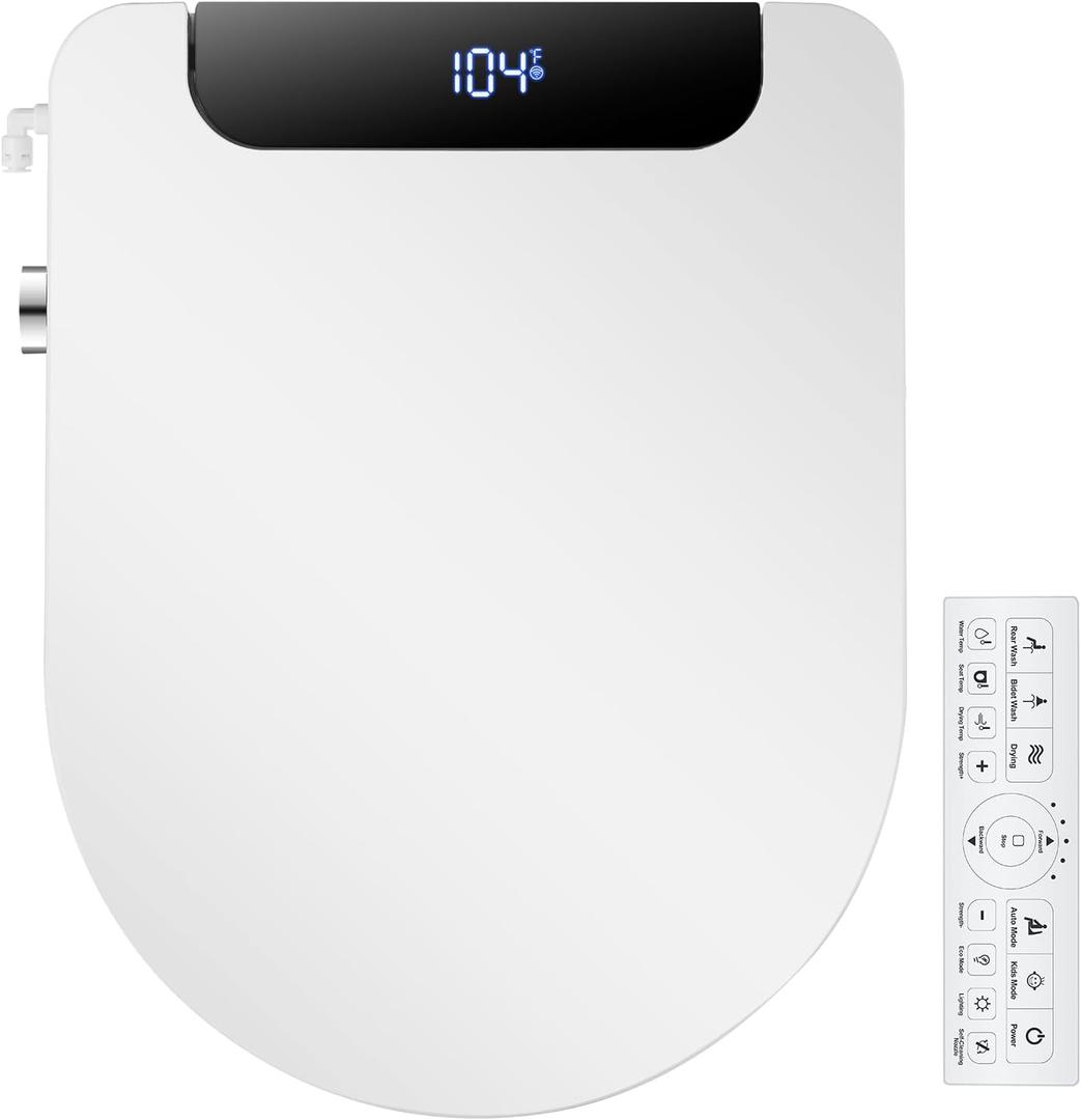 Electric Bidet Toilet Seat, Warm Water with Air Dryer, Heated Seat and Slow Close Lid, Front and Rear Wash, LED Nightlight, Wireless Remote, Black, Round, 102D