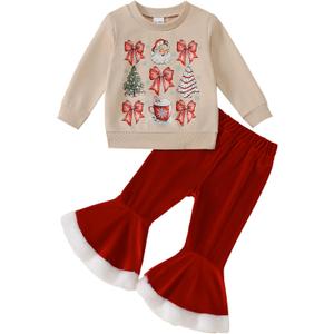 Toddler Girl Christmas Outfit Santa/Christmas Tree Sweatshirt+Velvet Bell-Bottoms Clothes (12-18 Months, Bow-red)
