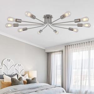 TULUCE Kitchen Lighting Fixture Industrial Flush Mount Ceiling Light Mid Century 10 Light Sputnik Chandelier for Kitchen Dining Room Small Bedroom Living Room Brass Painted Metal Ceiling Lighting