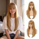 Honey Blonde Wig with Bangs for Women Long Straight Wig for Grils Heat Resistant Synthetic Wig Blonde Hair Wigs for Daily Party Halloween Cosplay Wig 24inch