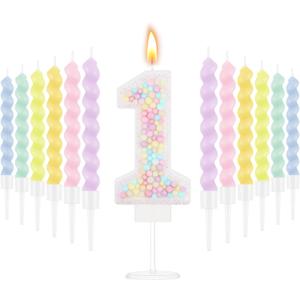 MTLEE Number 1 Birthday Candle with 12 Pcs Spiral Candles for Girls Macaron Pastel Rainbow Unicorn Pink Cake Topper for Sweet Theme Party Decoration (White)