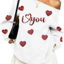 BANGELY Valentines Off Shoulder Sweatshirt Women Love Heart Long Sleeve Shirt Casual Oversized Sweatshirts Fashion Sequin Top (White, L)