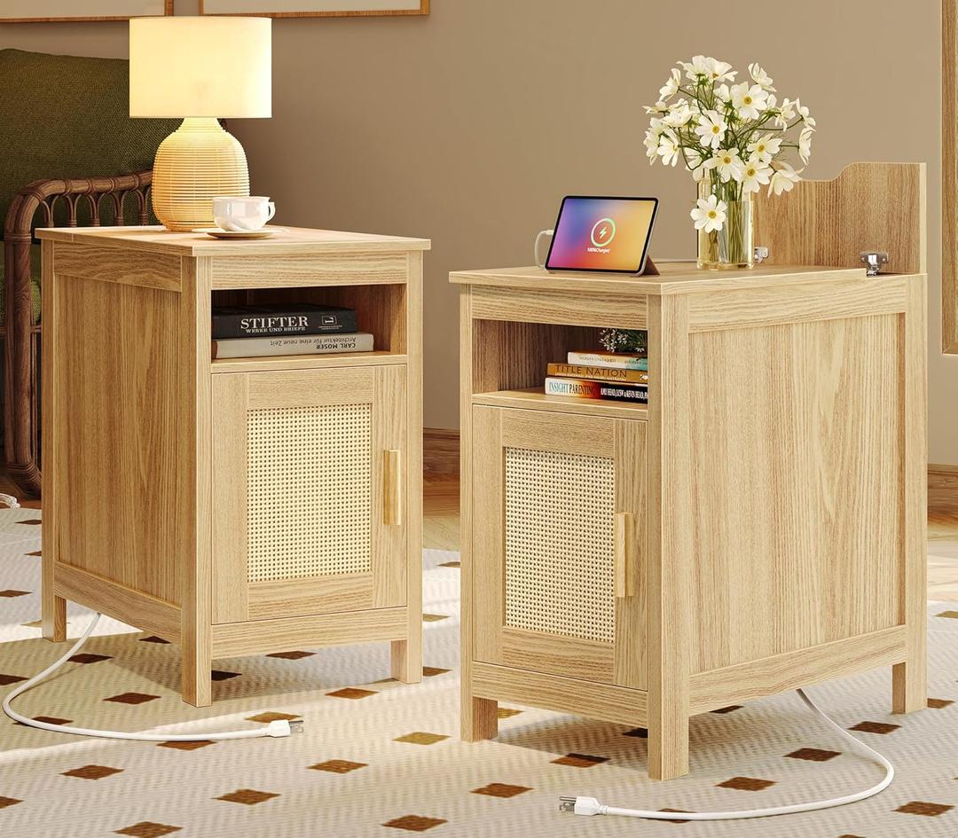Huuger Narrow Night Stand Set of 2, End Table with Charging Station, USB-C Port, Rattan Side Table with Cabinet and Open Shelf, Synthetic Rattan, for Small Spaces, Bedroom, Natural Wood