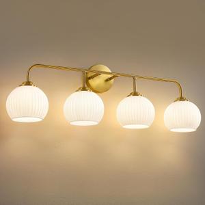 RUIYEY Bathroom Vanity Light Fixtures: 4 Lights Brushed Gold Ribbed Lantern Vanity Lights for Bathroom, E26 60W Hardwired Wall Sconce Lighting with Frosted Milky Glass Over Mirror (Exclude Bulb)