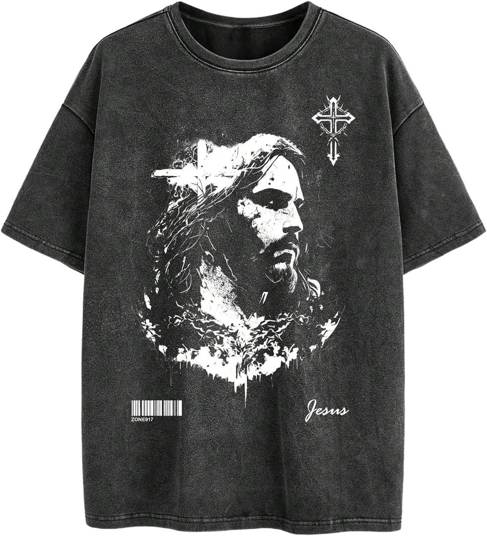 Verdusa Men's Graphic Christian Jesus T Shirts Vintage Short Sleeve Round Neck Tee Tops Black, Small