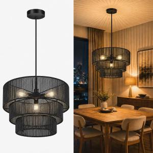 BoostArea 3 Lights Boho Rattan Chandelier, 16.5", Black,E26