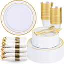 Sykomo 175PCS Disposable Plastic Plates,Gold Plastic Dinnerware Set Includes 25 Dinner Plates, 25 Dessert Plates, 25 Pre Rolled Napkins with Gold Silverware, 25 Cups for Party, Wedding, Birthday (White and Gold)