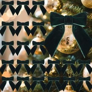 Glitinsel 30 Pcs Velvet Ribbon Bows 5" x 4" Pre Tied Christmas Velvet Bows with Twist Tie for Gift Packaging Christmas Tree Wreaths Door Windows Wedding Party Decoration(Forest Green)