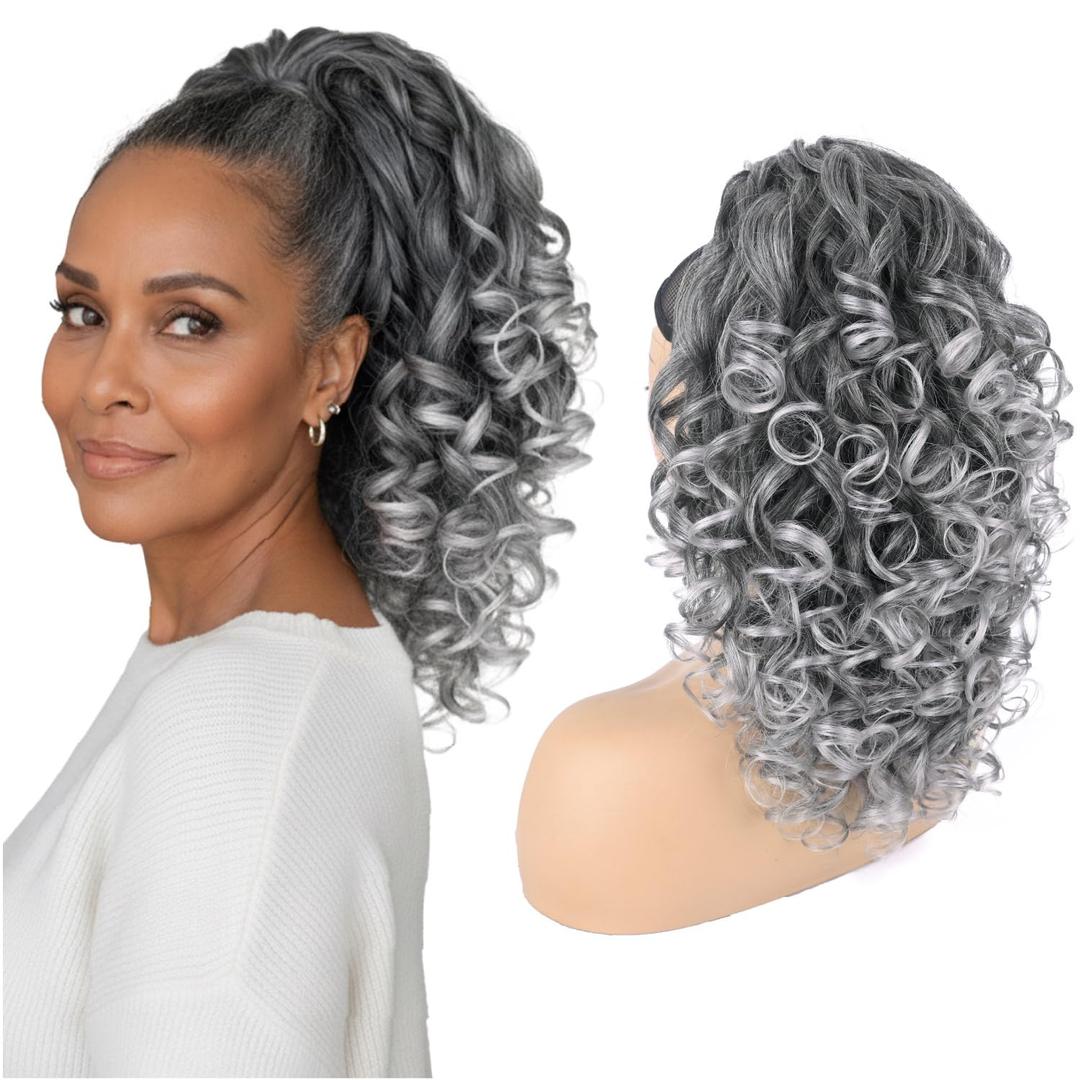 Curly Drawstring Ponytail Grey Curly Yaki Pony Tail Synthetic Salt and Pepper Hair Ponytail Extension for Women(T1B/Gray)
