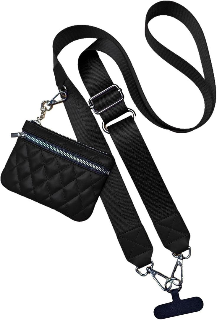 Clip and Go Strap for Phone with Wallet Crossbody, Adjustable Wrist Strap with Zippered Pouch, PU Leather Purse (Black)