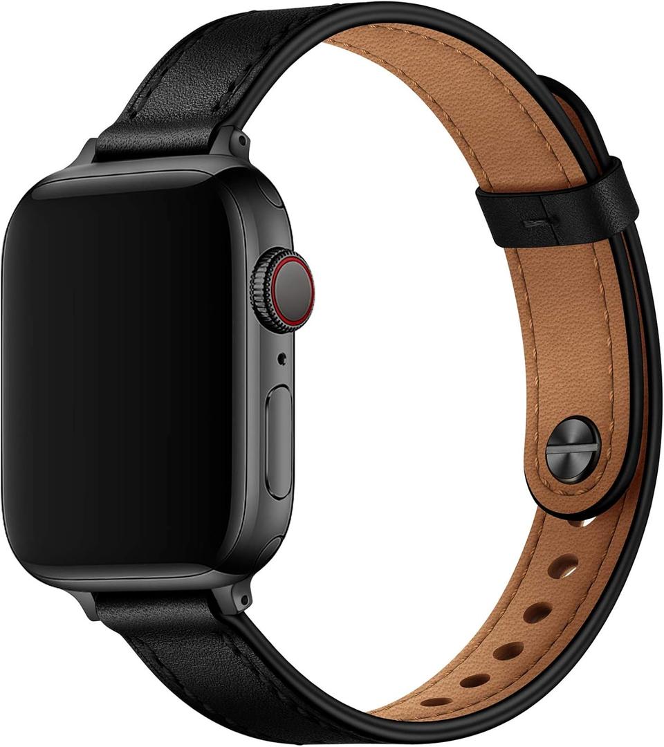 OUHENG Slim Bands Compatible with Apple Watch Band, Women Genuine Leather Replacement Thin Strap for iWatch, Size: 38mm/40mm/41mm/42mm-series 11 10(Black)