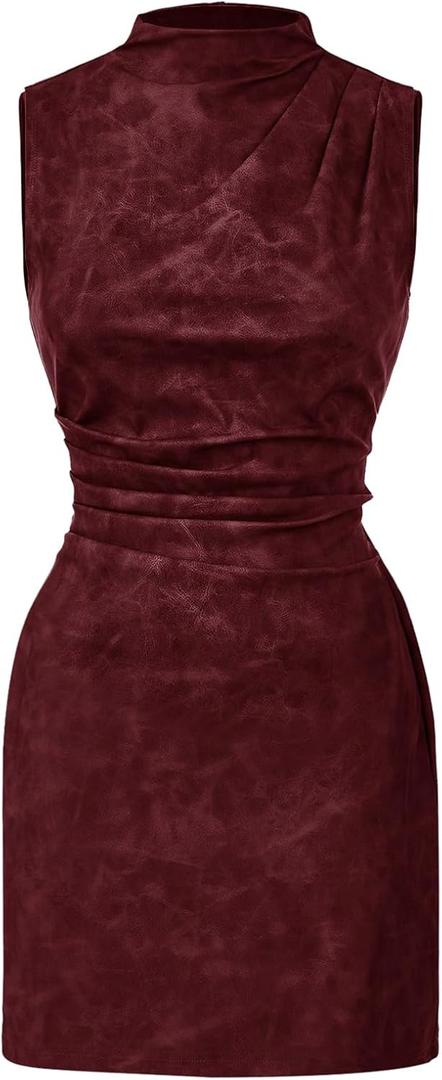 Women's PU Leather Ruched Bodycon Dresses Mock Neck Sleeveless Zipper Mini Tank Dress (Large, Burgundy)