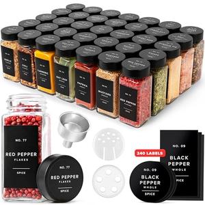 EDELHAUS Glass Spice Jars with Label and Black Lids (36 x 4oz) Spice Containers with 240 Labels, Shaker Inserts, Steel Funnel, Empty Square Empty Square Seasoning Organizer