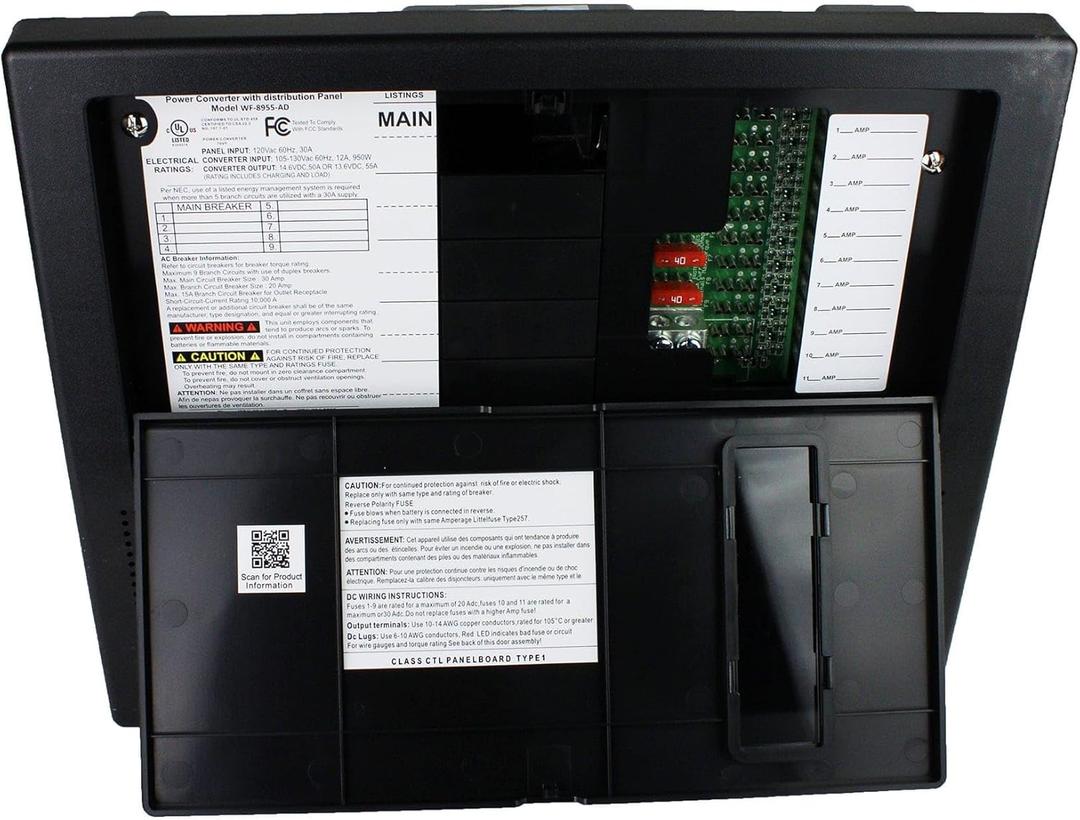 WFCO Arterra WF-8955-AD Converter/Charger with Distribution Center for 30 Amp AC Service - 55 Amp DC Output w/ 11 Circuits, Black