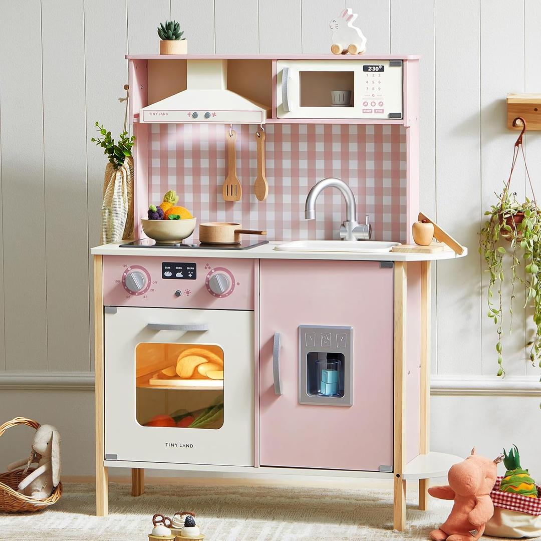 Tiny Land Play Kitchen for Kids, Wooden Kids Play Kitchen Playset Chef Pretend Play Set for Toddlers with Real Lights & Sounds, Toys Kitchen with 18 Pcs Toy Food & Cookware Accessories (Pink)