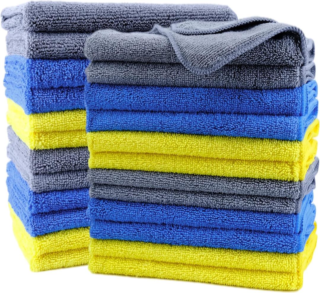 POLYTE Premium Microfiber Cleaning Towel, 16x16 in 24 Pack (Blue, Gray, Yellow)