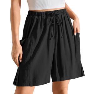 TARSE Women's Linen Summer Baggy Shorts Casual Bermuda Wide Leg Mid Length High Waisted Drawstring Beach Short with Pocket (Black L)
