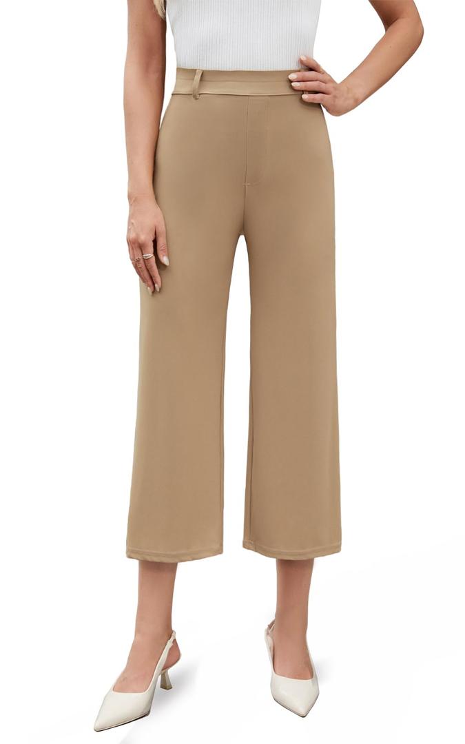 Agenlulu Dress Pants for Women Capri Wide Leg High Waisted Pants Stretchy Business Casual Office Work Slacks 23" Khaki Pull On, Size: XXL