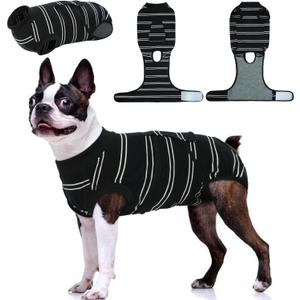 Kuoser Dog Surgery Recovery Suit for Female Male Dogs, Stripes Spay Neuter Anti-Licking Dog Onesie, Surgical Suit Snugly Pet Post Surgery Vest Bodysuit for Abdominal Wounds Skin Disease, Black L (Large (Back: 16.1" - 20.1"; Weight: 23 - 48LB))