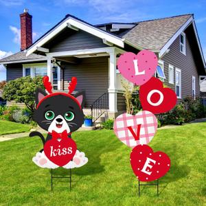 2 Pcs Valentine's Day Yard Sign Love Cat Metal Stakes Sweet Valentines Yard Decoration for Wedding Anniversary Outdoor Home Party Outside Lawn Pathway Walkway Patio Decoration