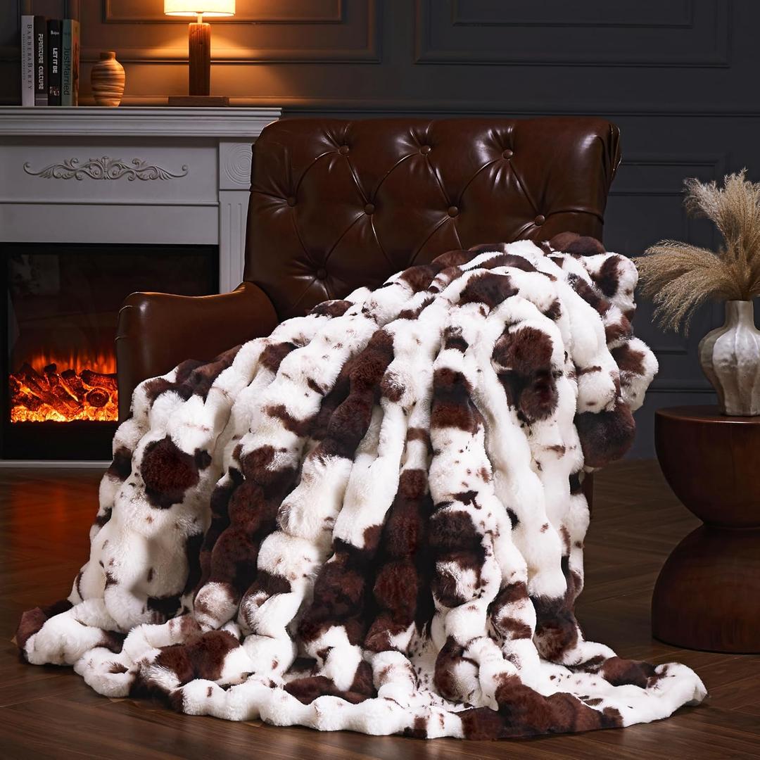 Faux Fur Throw Blanket for Couch, Fluffy Fuzzy Plush Bubble Blanket, Soft Warm Cozy Shaggy Rabbit Blanket, Luxury Decorative Gifts for Sofa Bedroom Living Room, 60x80inch (Cow Print-Brown)
