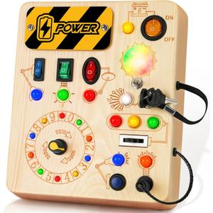 Busy Board, Montessori Toys for 1+ Year Old, Busy Board with 13 Led Light, Wooden Toddler Educational Travel Toy, 1 Year Old Boy&Girl Gifts, M19