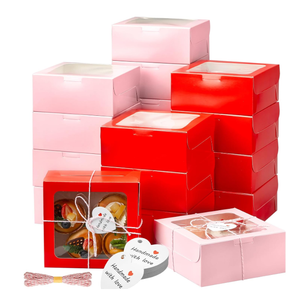 Maxcheck 50 Pcs Red Pink Bakery Boxes with Window 6x6x3 Inch Pink Red Cookie Treat Dessert Cupcake Charcuterie Box with Rope and Card for Valentines Teacher Wedding Baked Goods Giving Gift
