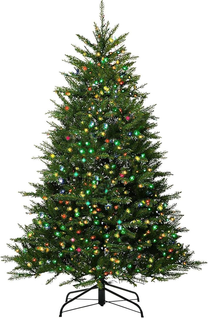 7FT Pre-Lit Artificial Christmas Tree with 700 Pre Lit Multicolored Lights, 2144 PVC Branch Tips,Green Dunhill Fir Xmas Tree, Foldable Metal Base for Home, Party Holiday Décor