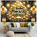 Happy Birthday Backdrop Banner 71x43 Inch Black and Gold Banner Crown Balloons Stars Photography Background Men Women Birthday Party Decoration for Indoor Outdoor Events Photo Booth Props
