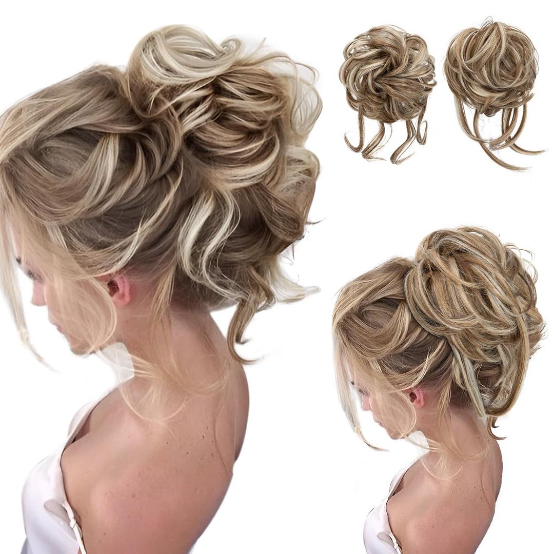 SARLA 2PCS Messy Bun Hair Pieces for Women Wavy Curly Synthetic Hairpieces for Updos with Tendrils Fake Scrunchies Ponytail Extension Beige Multi