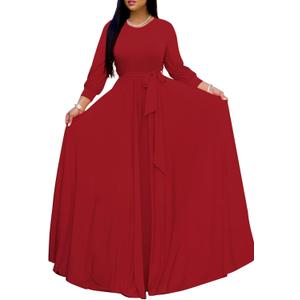 Women 2024 Spring Casual Waist Tie Solid Wrap Maxi Dress with 3/4 Sleeve Crewneck for Evening Club Nightclub Red Medium