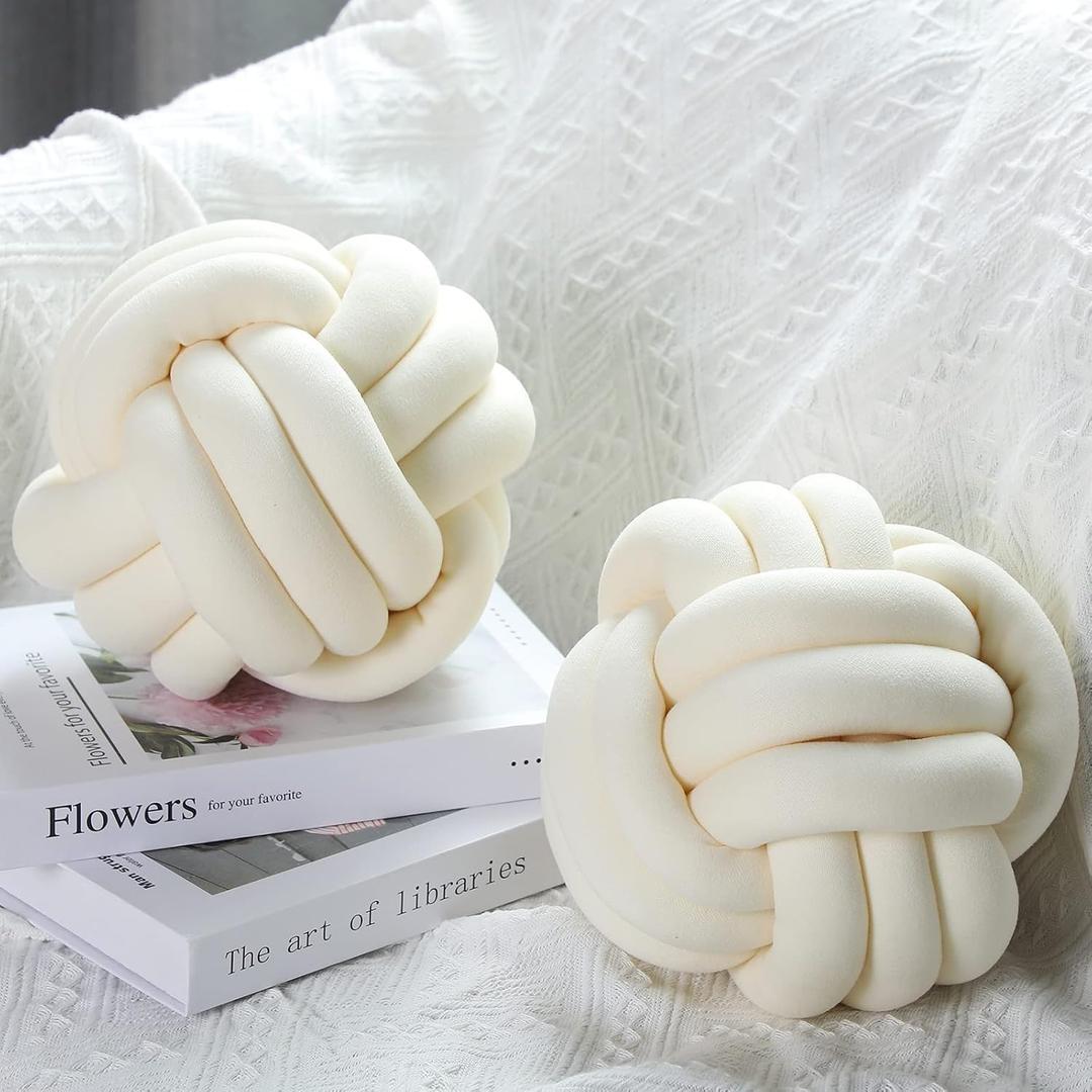 Namalu 2 Pcs Soft Knot Pillow Ball, Decorative Round Throw, Soft Knotted Plush Pillows, Handmade Stuffed Ball Pillows Cushion for Bedroom Sofa Couch Home Decor (10.6 Inches, Cream White)