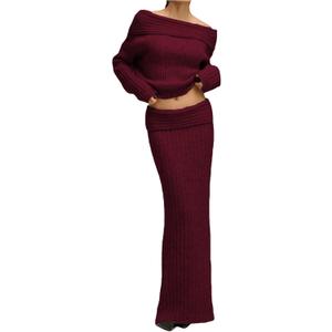 Unybwonn Skirt Sets Women 2 Piece Outfits off the Shoulder Sweater and Knitted Skinny Maxi Skirts Fall Casual Outfits (Large, Red)