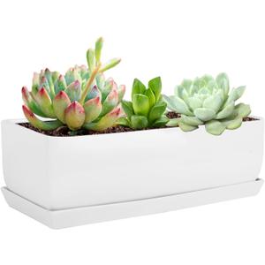 Vencer 14 Inch Rectangular Modern Minimalist Ceramic Succulent Planter Pot - Window Box with Saucer,Office Desktop Potted Stand,White,VF-0173W