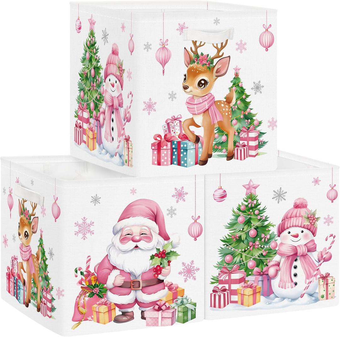 Clastyle 3 Pcs Large Christmas Tree Storage Basket Set Santa Claus Candy Snowman Book Toy Basket Snowflake Xmas Gift Storage Bins Boxes for Laundry Nursery Home,Pink Deer,11.8x11.8x11.8 in