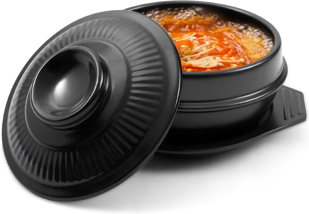 Korean Stone Bowl with Lid and Platter 32 oz Ceramic Bowl for Cooking, Sizzling Hot Pot, Clay Pot for Dolsot Bibimbap, Soup Casserole, Rice, Stew, Noodle, Korean Cookware