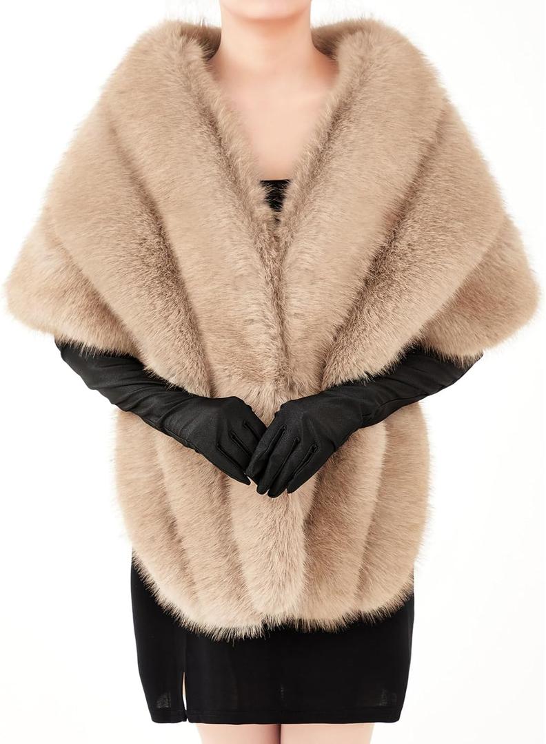 Zhanmai 2 Pcs Winter Faux Fur Long Shawl Cloak Stretchy Satin Glove Opera Bridal Dance Gloves for Women Dress Party Coat(Standard, Stylish, Light Beige)