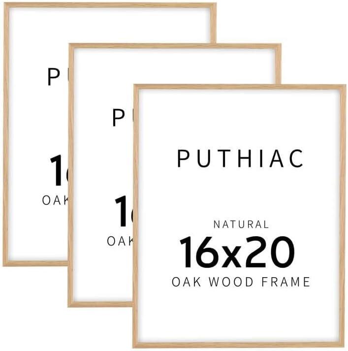 puthiac 16x20 Solid Oak Wood Picture Frame, Fits 12x16 with Mat or 16x20 Without Mat, Wall Display Only, Vertical or Horizontal, Plexi Front, 3 Pack, Natural Oak