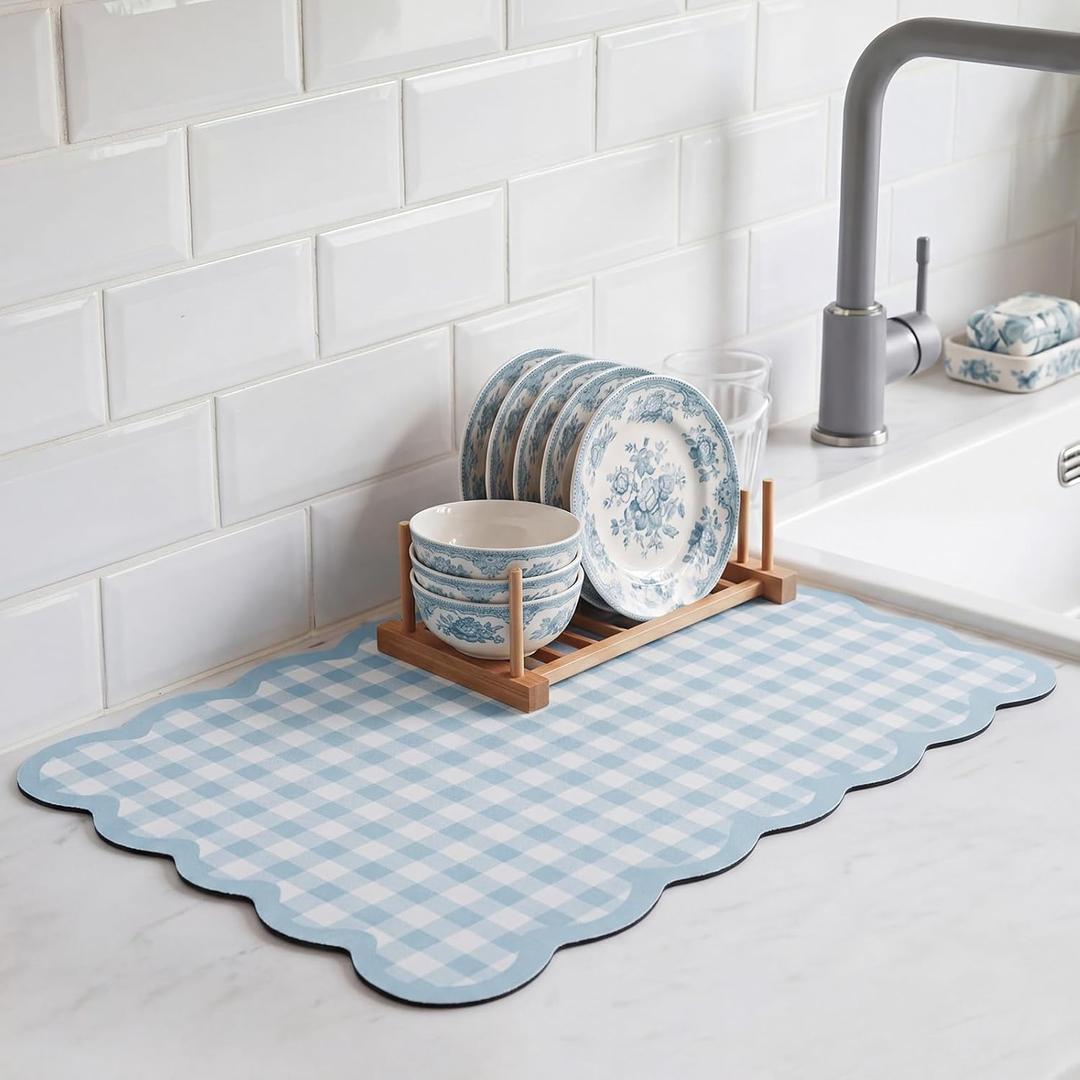 Scalloped Checkered Dish Drying Mat, 12" x 20" Absorbent Coffee Mat for Kitchen Counter, Gingham Espresso Machine Countertops Accessories with Non-slip Backing for Coffee Countertops(Blue), 19.7" x 11.8"