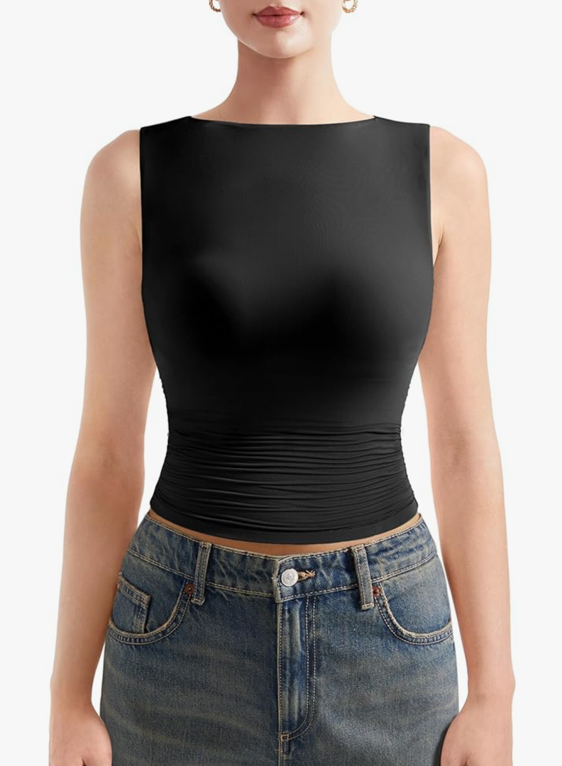 SUUKSESS Women Double Lined Going Out Basic Tank Tops Ruched Summer T Shirts Small