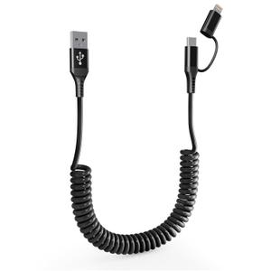 Coiled Phone Car Charger Cable - USB-C and Lightning 2-in-1 Charging Cable, 40cm to 4ft Extendable Cord for CarPlay & Auto, Tangle-Free Android/Phone Car Accessories (Black)