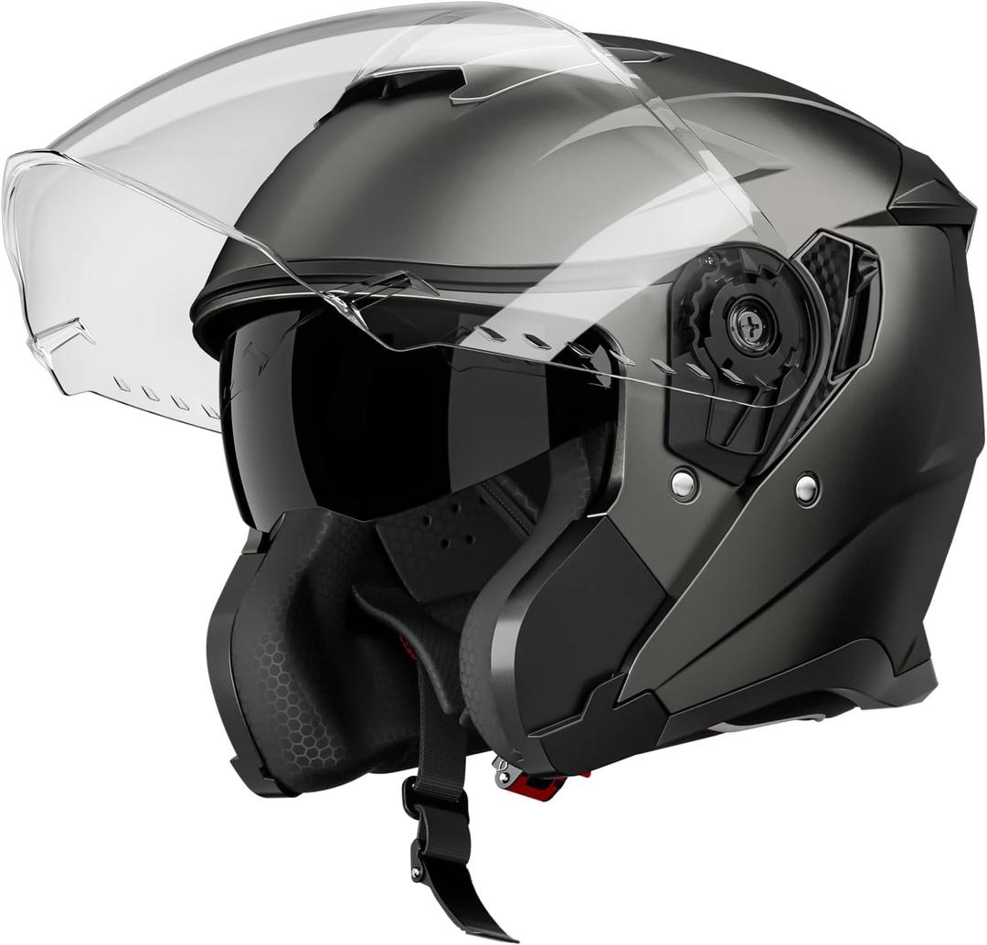 Motorcycle Helmets for Adults, Open Face Motorcycle Helmet with Dual Visor, Casco para Moto DOT Certified, ATV Dirt Bike Snowmobile Motocross Helmet for Men Women, Quick Release Strap, AP-836