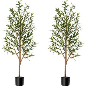 5ft Artificial Olive Tree, Fake Olive Tree with 420 Lifelike Olive Leaves and 30 Fruits, Faux Olive Silk Plants with Natural Wood Trunk in Pot for Living Room Bedroom Office Decor 2packs